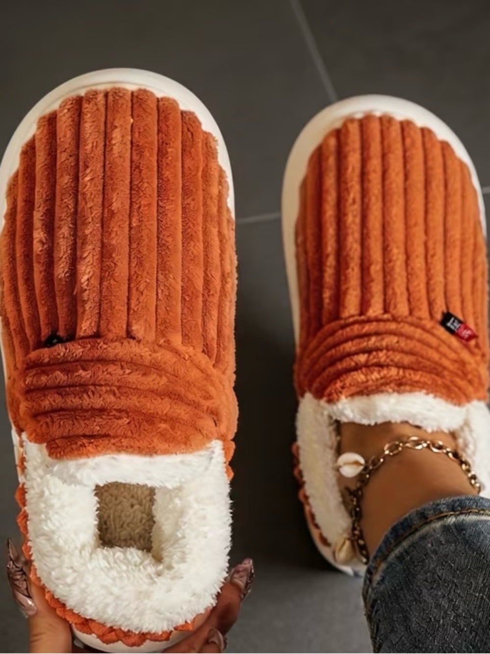 Women's Plush Ribbed Slip-On Slippers in Rust Orange
